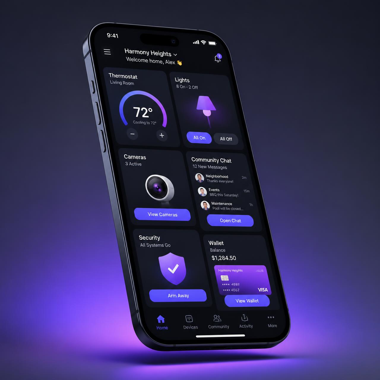 Connect Pros app dashboard on a phone showing thermostat, lights, cameras, community chat, security, and wallet